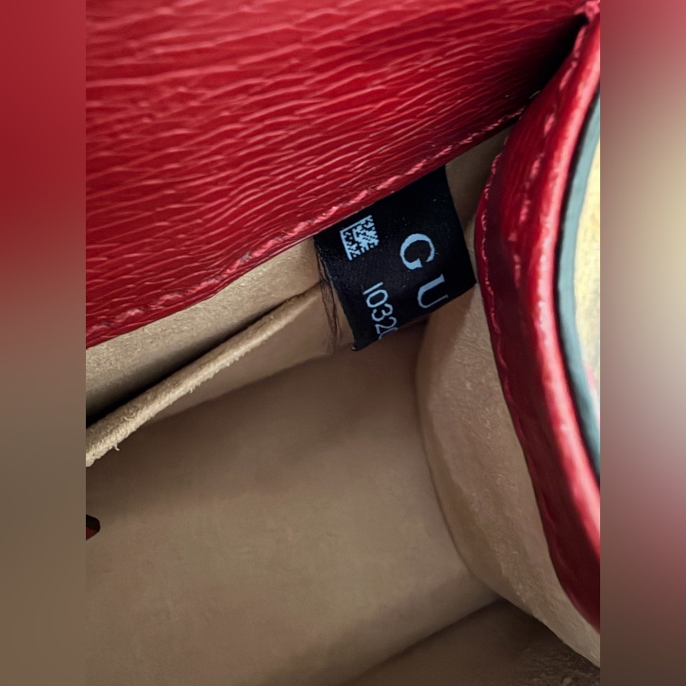 Gucci Sylvie Textured Gold Foil Pattern Mini Top Handle Bag – Hibiscus Red - Picture 13 of 16